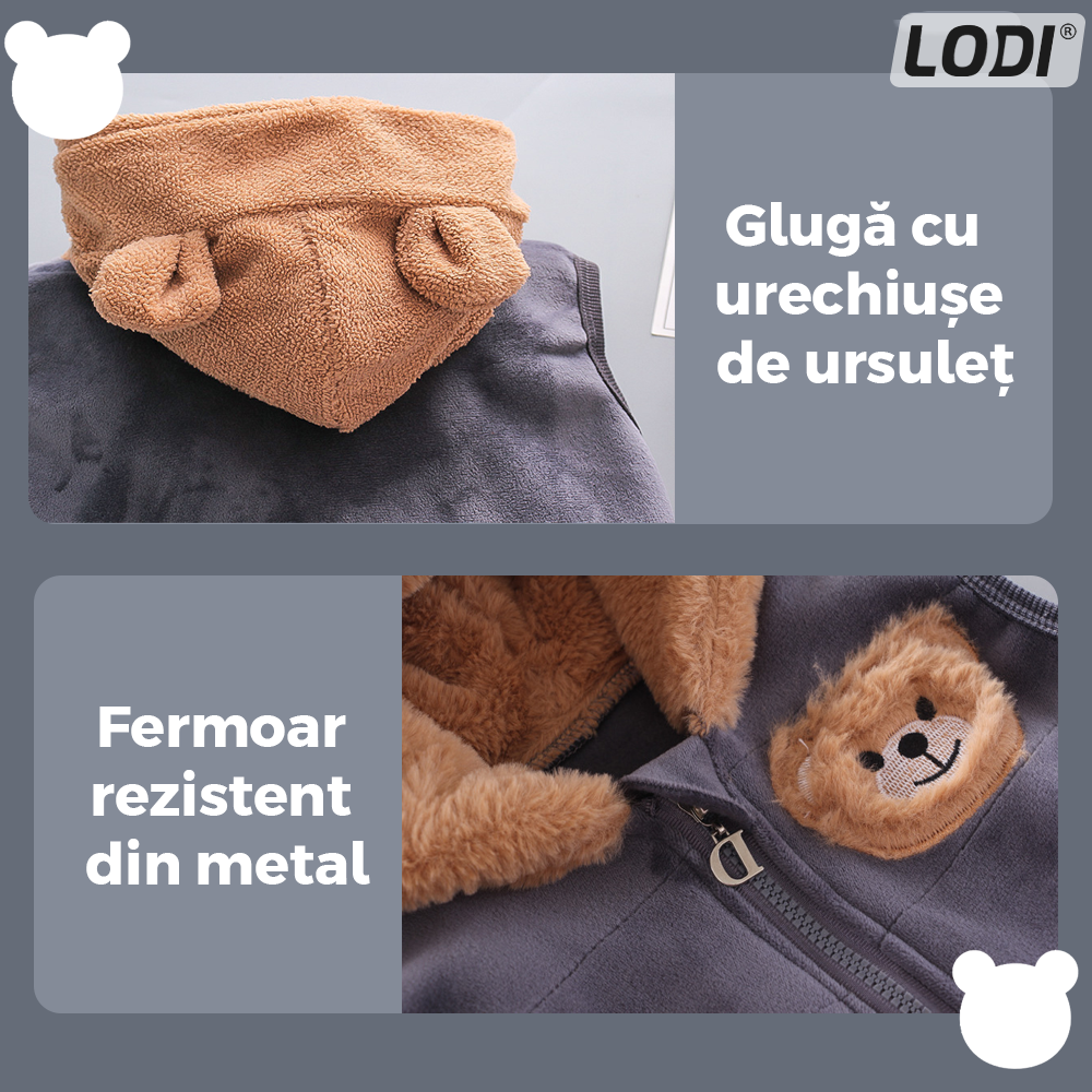 Compleu Copii din 3 Piese Lodi504, unisex, toamna-iarna, plus moale cu ursulet, bluza, pantaloni si vesta cu gluga pufoasa, 110 cm, gri