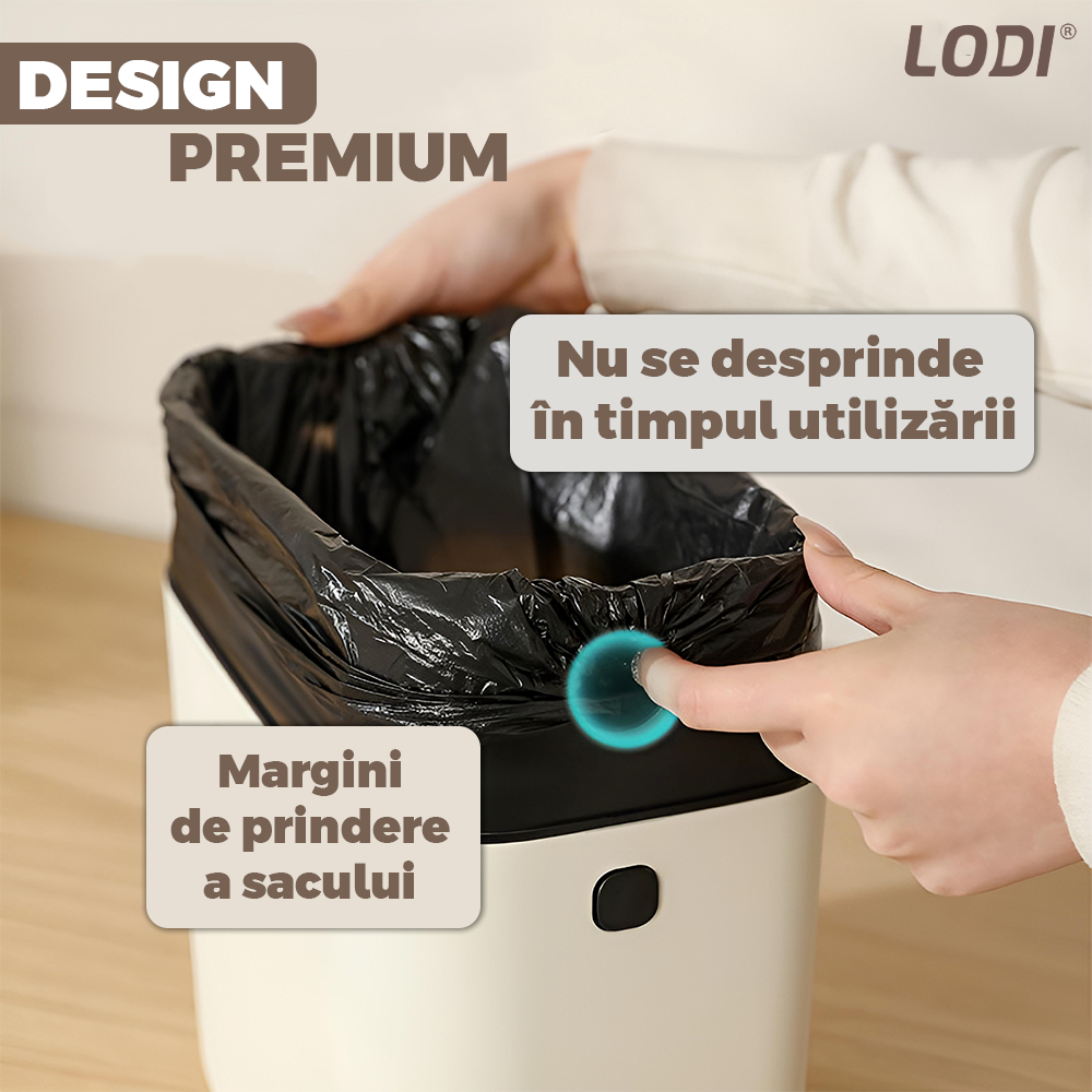 Cos de Gunoi Suspendat Lodi989, prindere pe suport autoadeziv, aplicabil pe perete sau mobila doua moduri de deschidere a capacului, capacitate 7l, bej