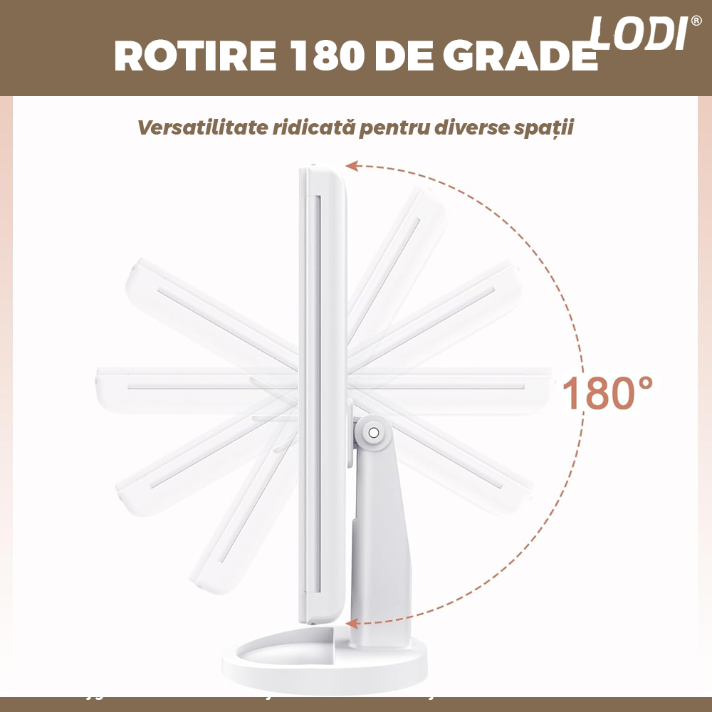 Oglinda Cosmetica pentru Machiaj Lodi1455, 4 moduri de marire, 22 becuri LED, control tactil, pliabila, rotativa la 180 de grade, alimentare pe baterii sau USB, suport de machiaje, alb