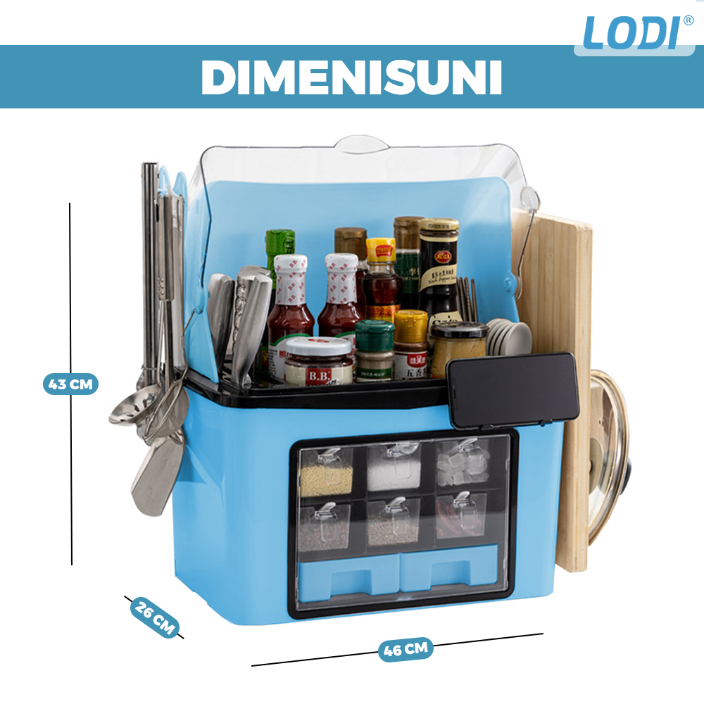 Organizator Multifunctional pentru Bucatarie Lodi485, suport sticle, rafturi pentru condimente, cuier pentru ustensile, suport cutite, 46 x 26 x 43 cm, albastru