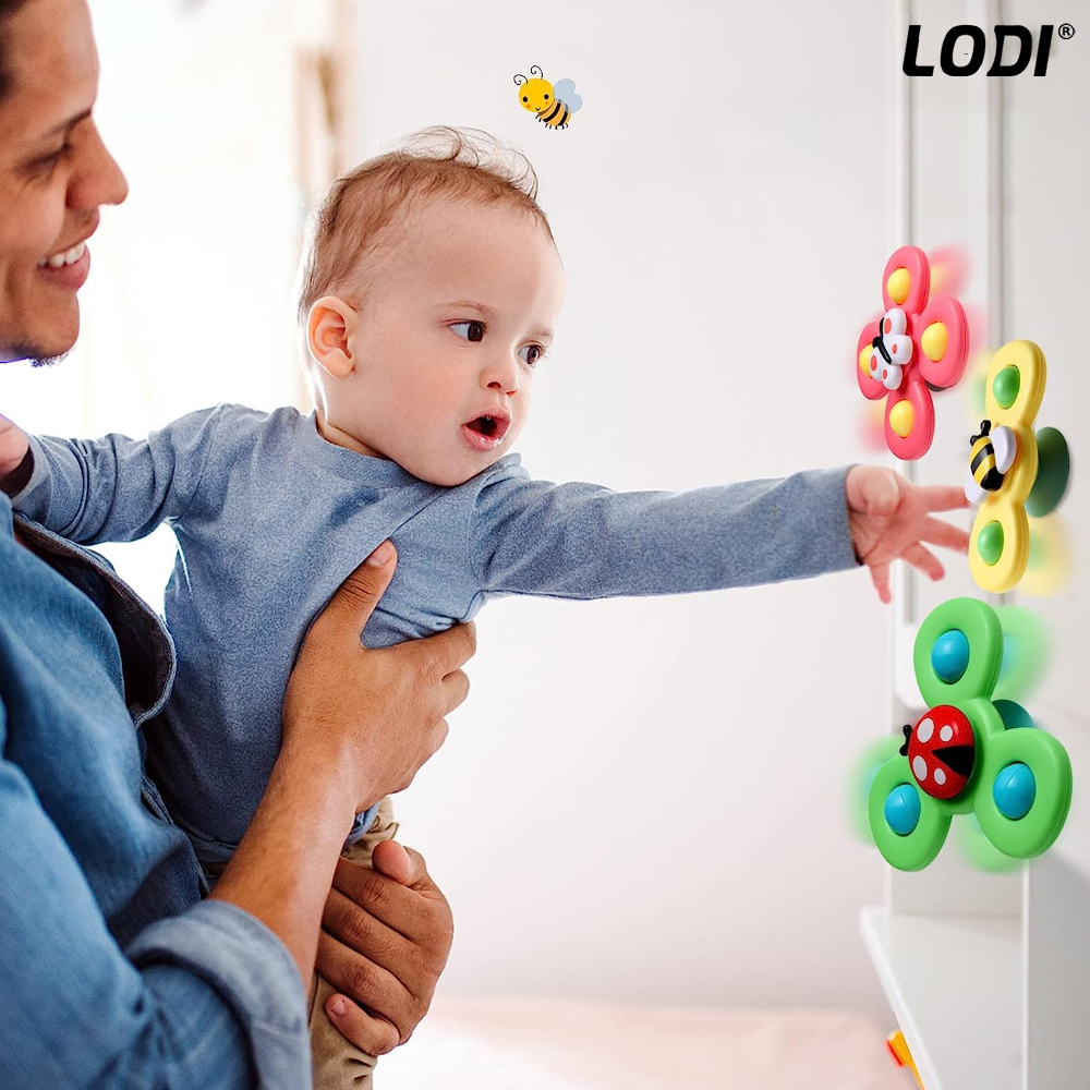 Set 3 Jucarii Interactive Fidget Spinner Lodi2, forma insecte, bile zornaitoare, margini rotunde, ventuza de prindere, 1-3 ani, multicolor