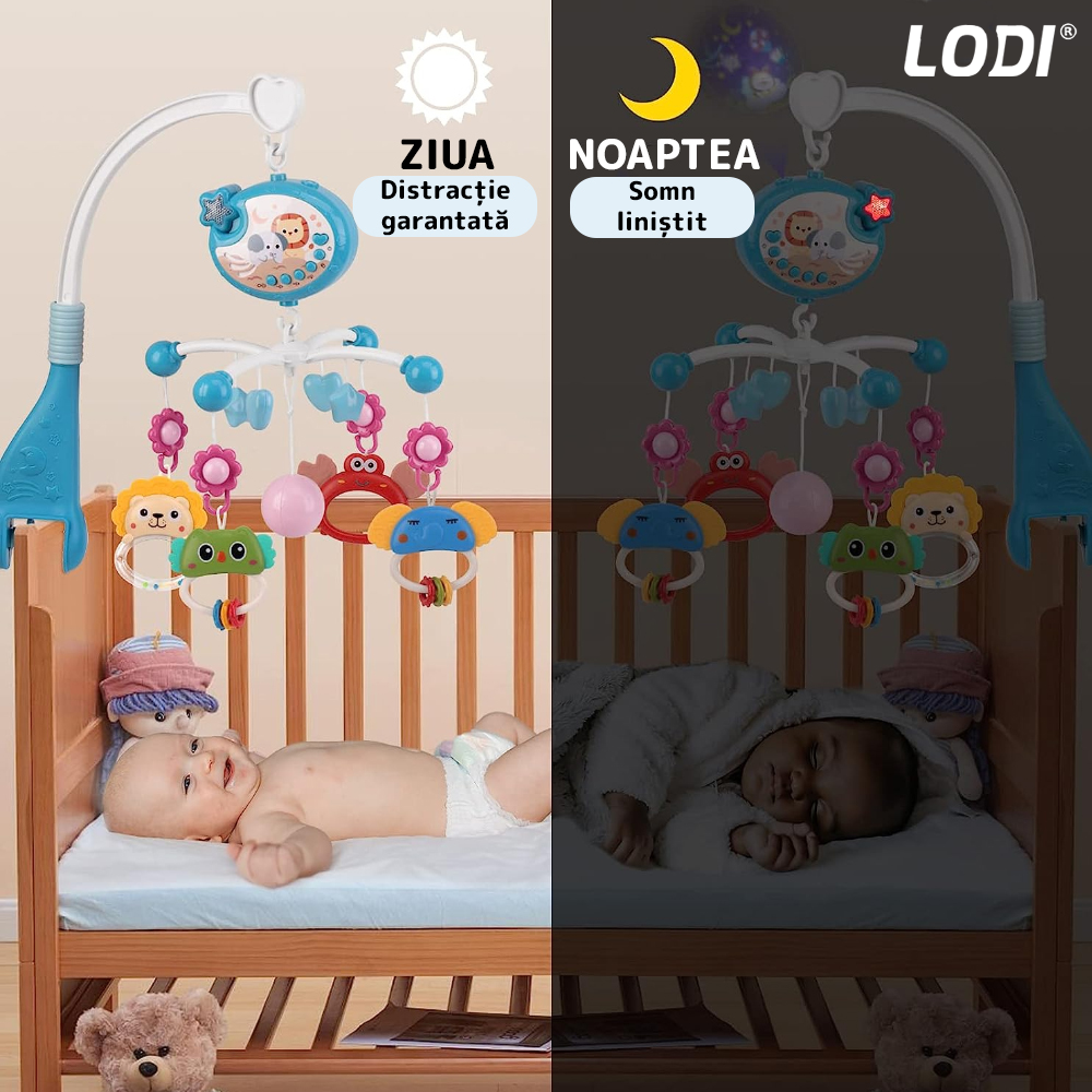 Carusel Muzical pentru Patut Lodi137, Bebe, control prin telecomanda, proiector, muzica si lumini, jucarii detasabile, multicolor
