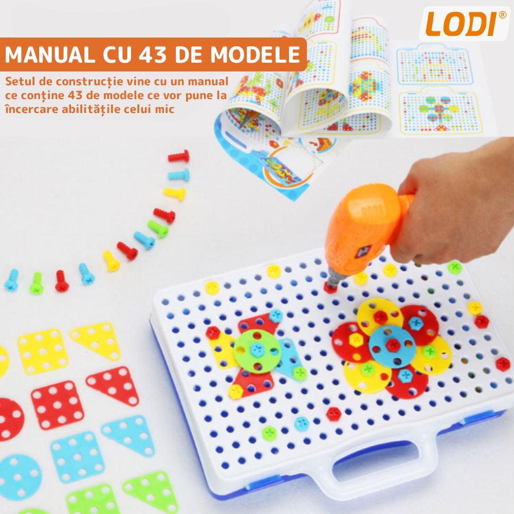 Jucarie Educativa si Interactiva 4in1 Lodi515, 237 piese, bormasina pentru inginerie, pentru fete si baieti, manual inclus, puzzle 3D/2D, montessori, dezvoltare STEM, multicolor