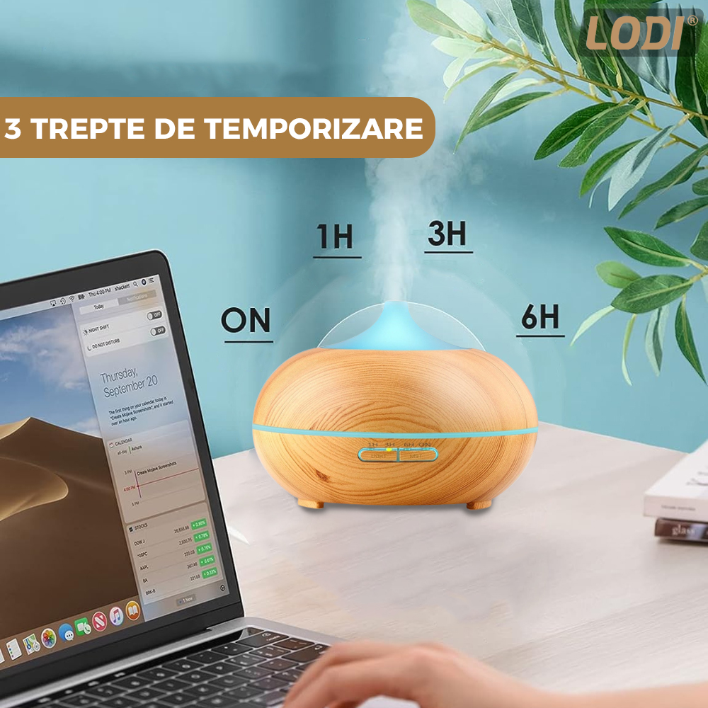 Difuzor Aromaterapie Lodi213, 7 culori LED, 2 jocuri de lumini, control prin telecomanda, capacitate 500ml, silentios, umidifica aerul, stejar deschis