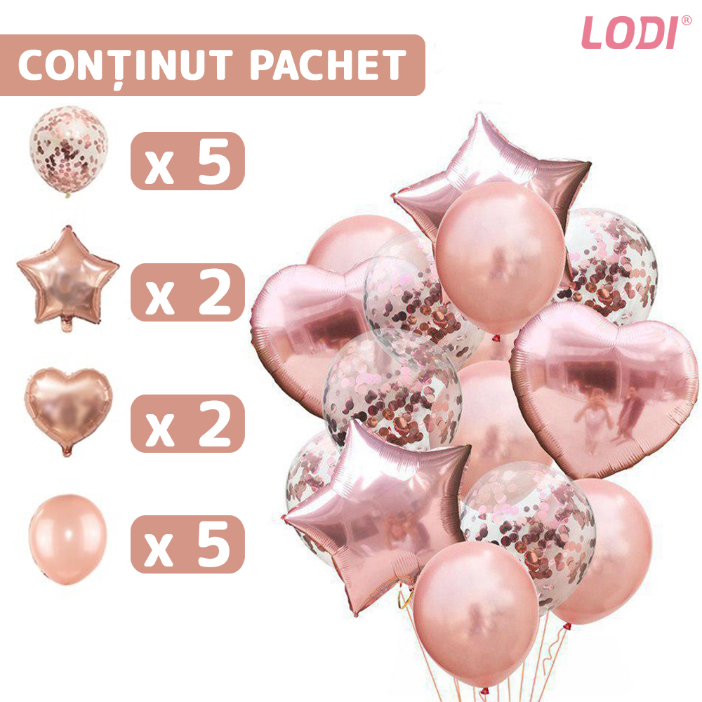 Set 14 Baloane Lodi304, Confeti, pentru Petreceri/Aniversari/Evenimente, Stea/Inima/Rotunde, 3 culori, latex, roze gold
