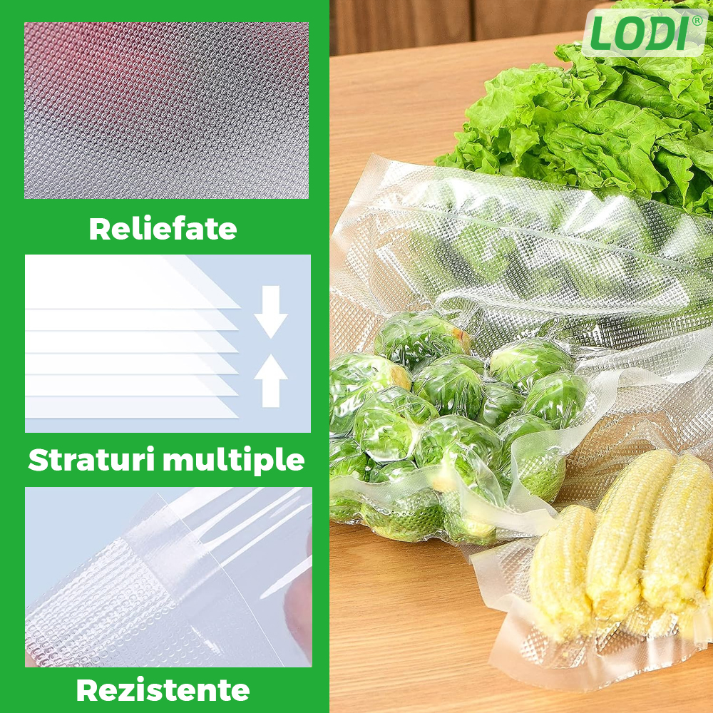 Set de Role Folii pentru Vidat Universale Lodi, 5m x 15cm, compatibile cu orice aparat de vidat, gofrate, reutilizabile, rezistente la caldura, transparente