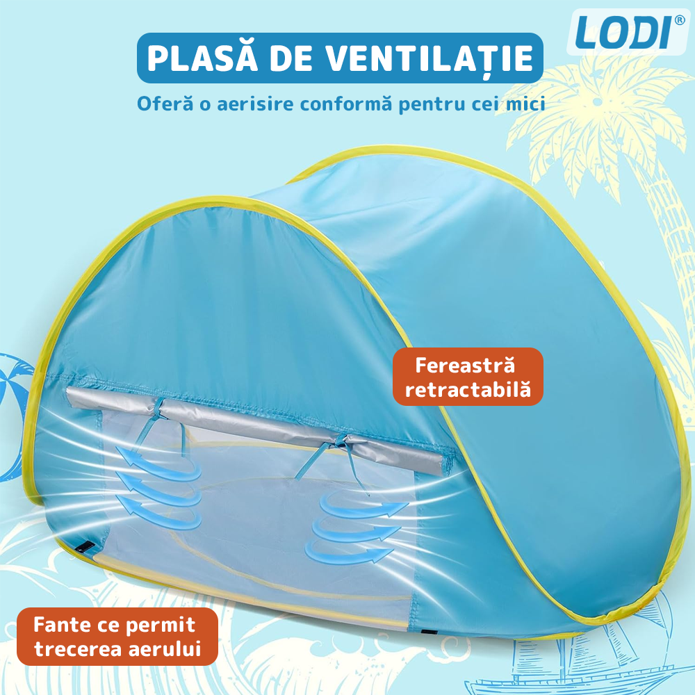 Cort Portabil de Vara pentru Bebelusi Lodi1097, adapost impermeabil pentru plaja, cu piscina, protectie UV si UPF 50+, multifunctional, 117x79x70 cm, albastru deschis