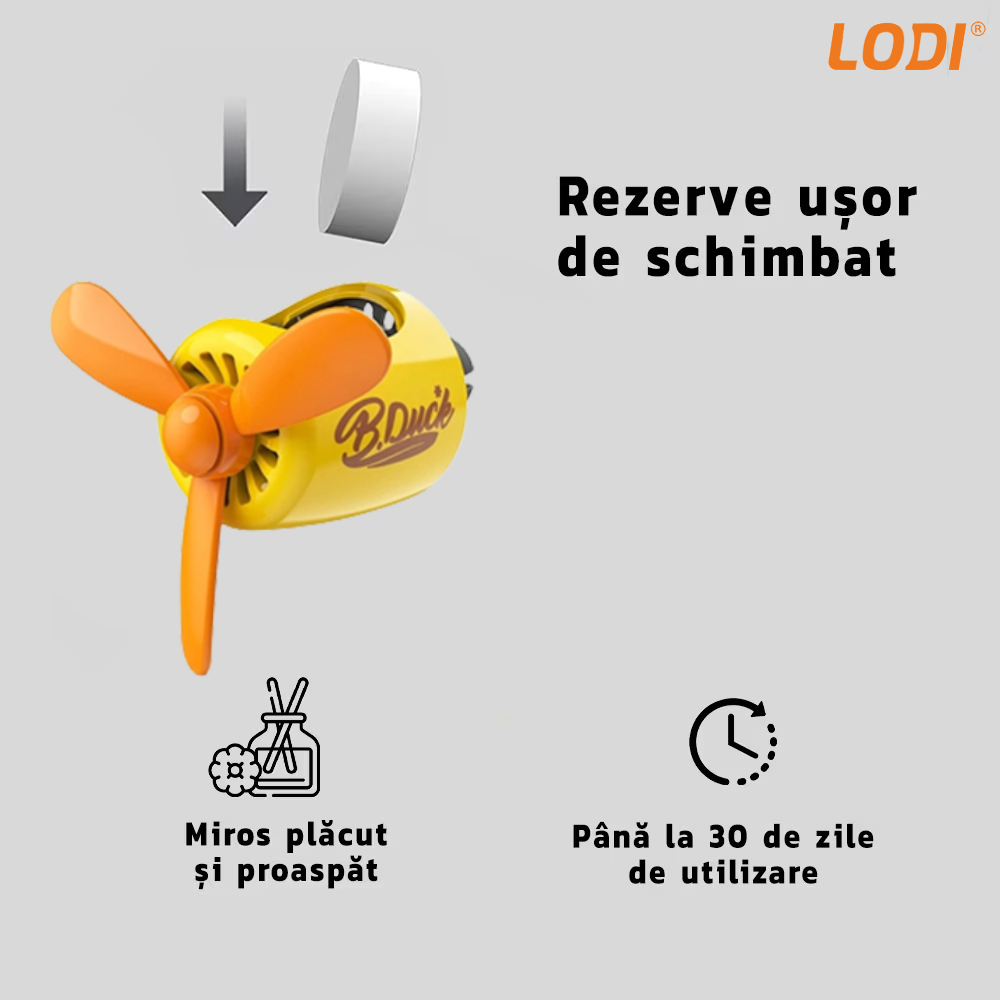 Difuzor Auto Aromaterapie Lodi336 car pilot yellow duck, kit odorizant, 2 arome cu extracte naturale incluse