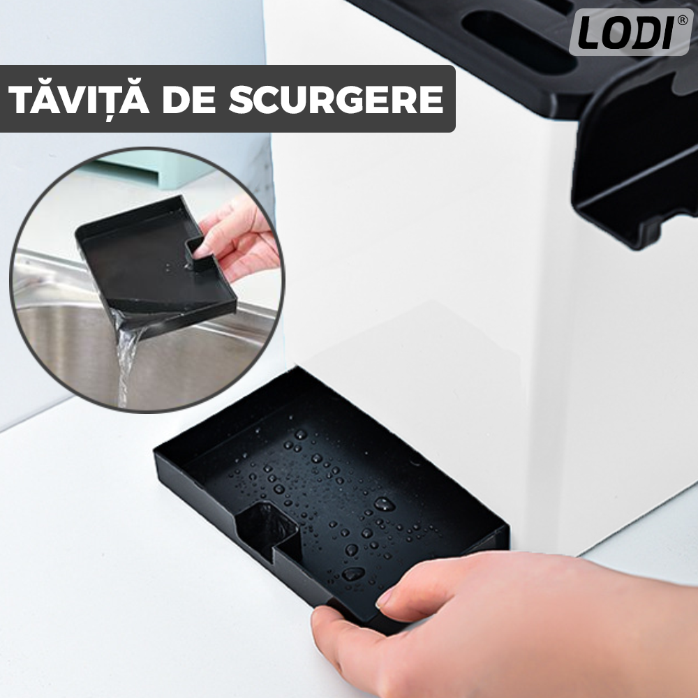 Organizator Multifunctional pentru Bucatarie Lodi531, 6 Compartimente, raft condimente, suport detasabil telefon, tavita de scurgere, suport tacamuri/ustensile, alb
