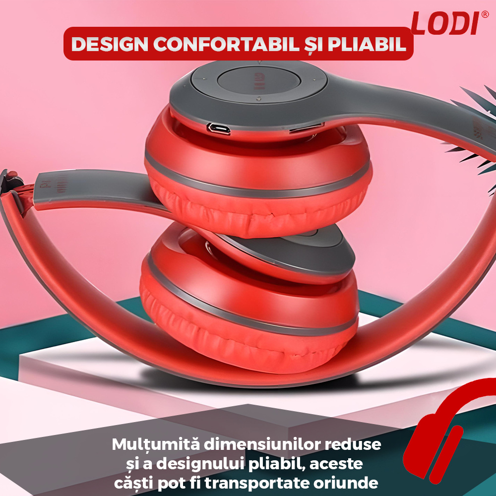 Casti Wireless Lodi956, P47, overear, bluetooth 5.0, 3 porturi integrate, handsfree, HiFi, bass stereo, gri/rosu