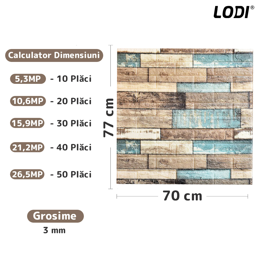 Set Tapet 3D Lodi81, Model Lemn, suprafata acoperire 5.3 mp, autoadeziv, waterproof, usor de montat, design modern, 70x77 cm, multicolor