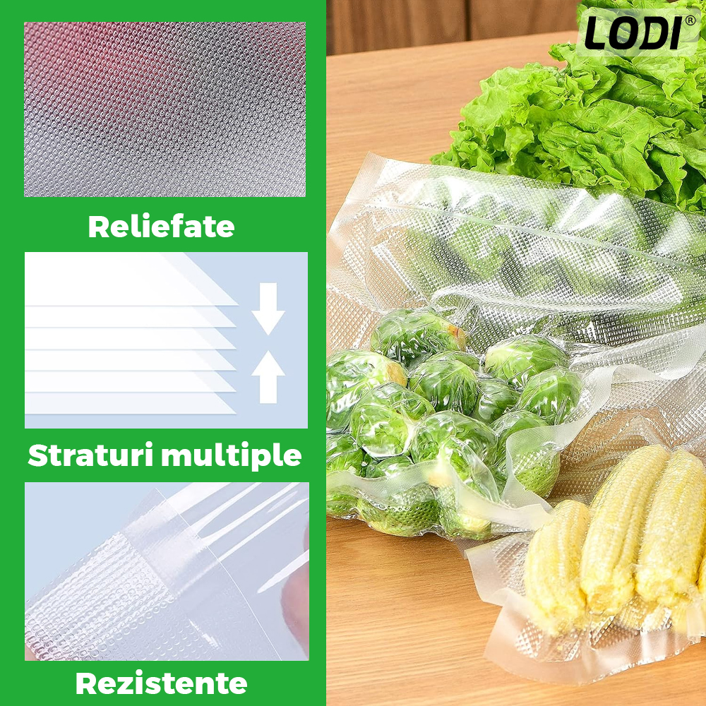 Set de Role Folii pentru Vidat Universale Lodi, 5m x 22cm, compatibile cu orice aparat de vidat, gofrate, reutilizabile, rezistente la caldura, transparente