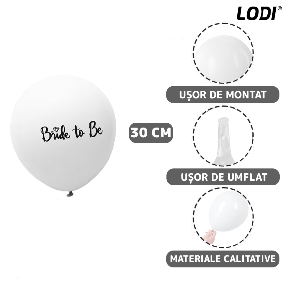 Set 6 Baloane Lodi1490, pentru Petreceri/Evenimente, rezistente, elastice, usor de umflat, model BRIDE TO BE, 30 cm, alb