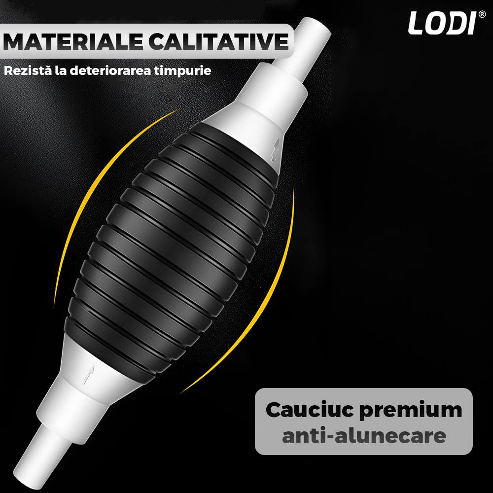 Pompa Manuala pentru Transfer Lichide Lodi995, cleme prindere, tip sifon, furtun 1, 5m lungime, anti-scurgere, materiale calitative, negru-alb