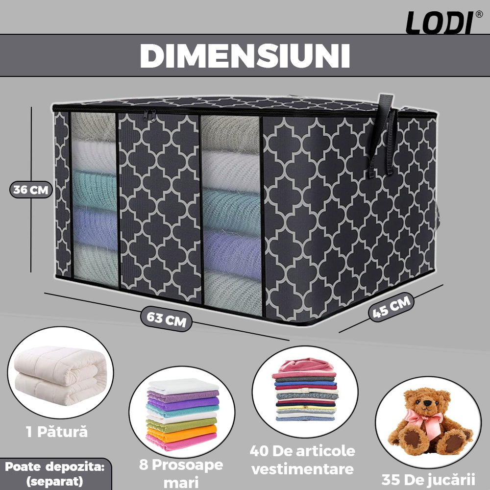Set 3 Cutii pentru Depozitare si Organizare Lodi723, pliabile, maner ranforsat si fereastra transparenta, pliabile, pentru haine/paturi/ plapumi/ perne/ lenjerii de pat/jucarii, 100L, 63x 45x 36 cm, negru