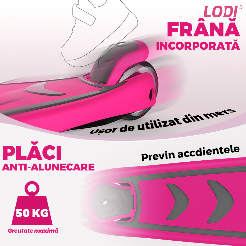 Trotineta pentru Copii cu Lumini Lodi1051, 3 roti, pliabila, anti-aluncare, inaltime ajustabila, stabila, frana, incorporata, 3-11 ani, roz