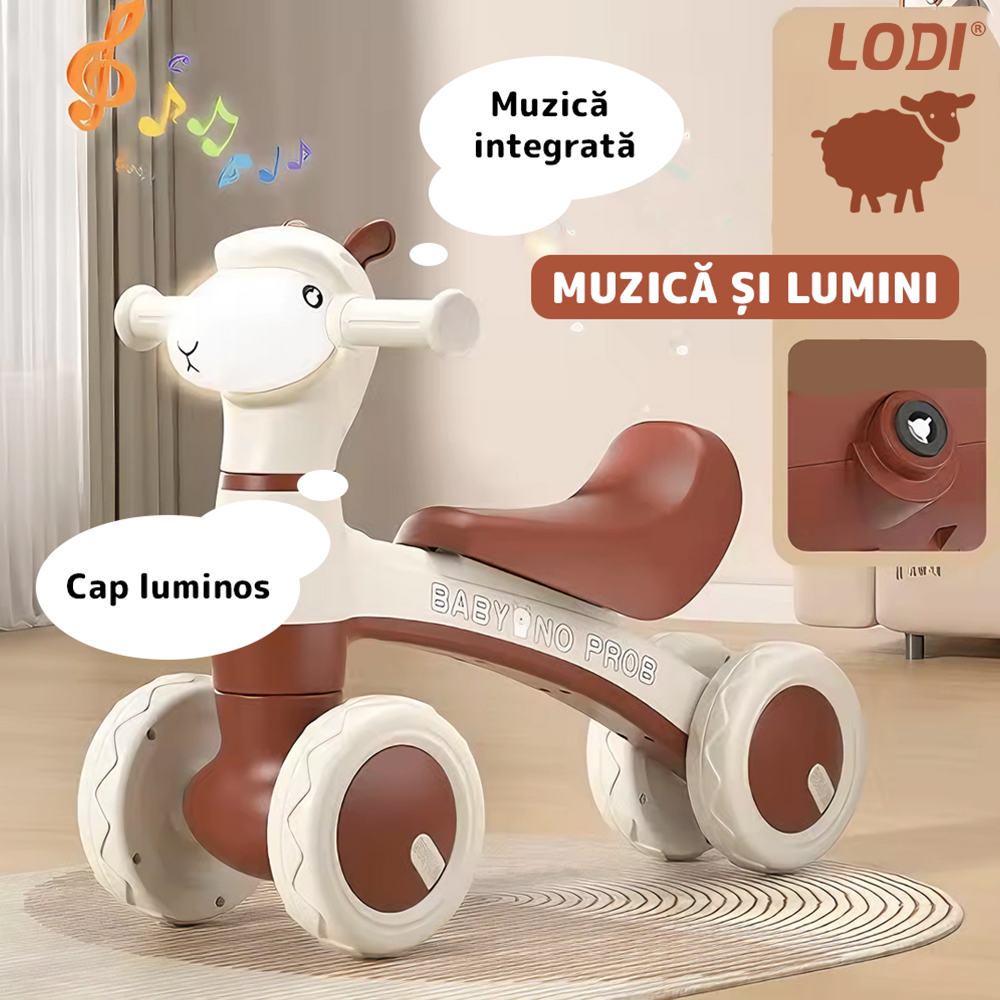 Bicicleta cu 4 Roti fara Pedale Oita Lodi1101, structura stabila, cap luminos, functie cu muzica, lansator de baloane incorporat, 80 x 58 x 51 cm, 1-3 ani, maro