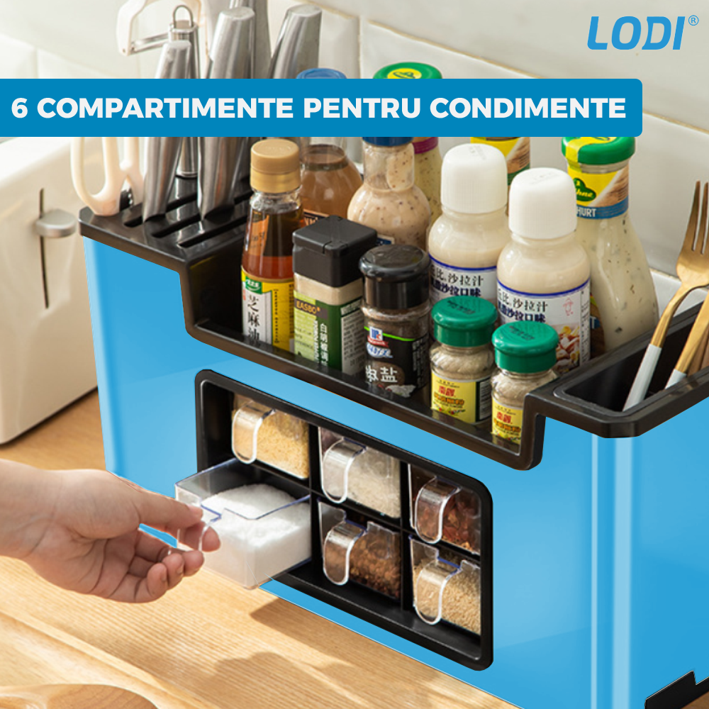 Organizator Multifunctional pentru Bucatarie Lodi602, 6 Compartimente, raft condimente, suport detasabil telefon, tavita de scurgere, suport tacamuri/ustensile, albastru