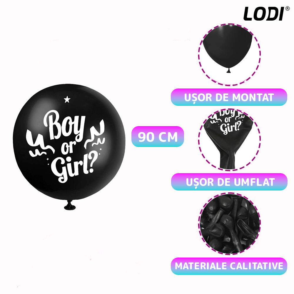 Balon Gender Reveal Lodi1058, pentru Petreceri/Evenimente/Botezuri, confetti in 2 culori, negru
