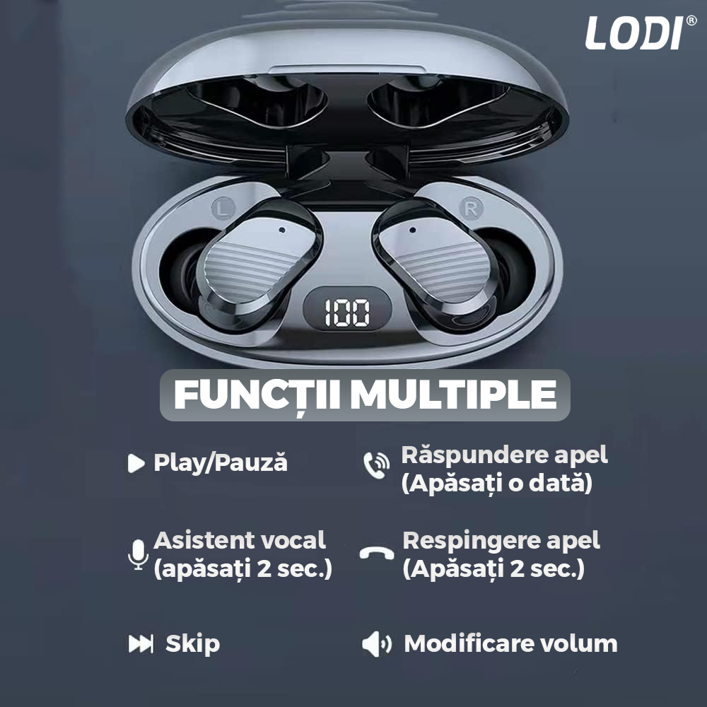 Casti Wireless Lodi985, TWS, Bluetooth 5.0, afisaj digital, carcasa magnetica, sunet stereo, compatibilitate univesala, design compact, autonomie 7 ore,negru