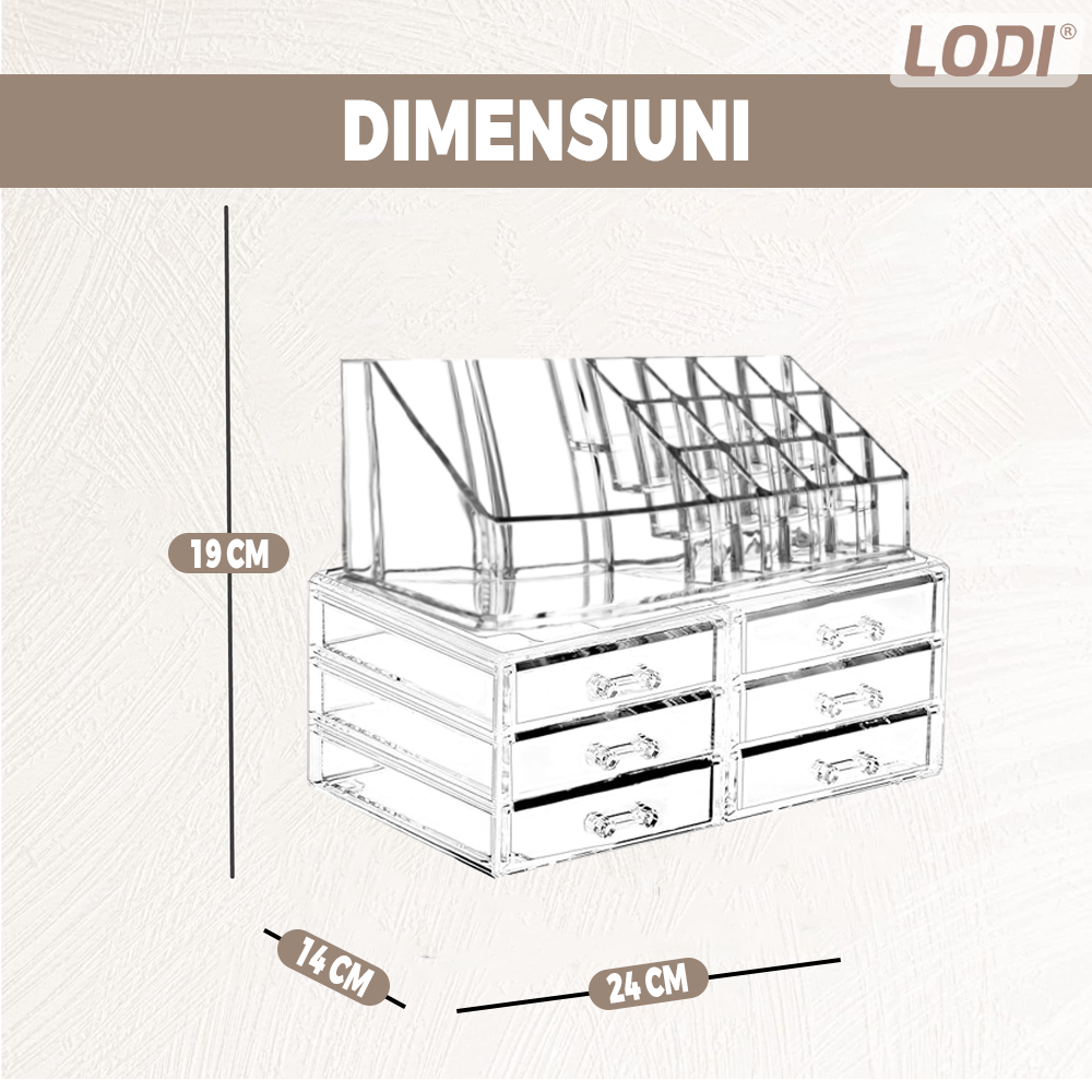 Organizator Cutie Depozitare pentru Produse Cosmetice Lodi473, bijuterii si alte obiecte, 6 sertare, piese detasabile, transparent, 24 x 19 cm