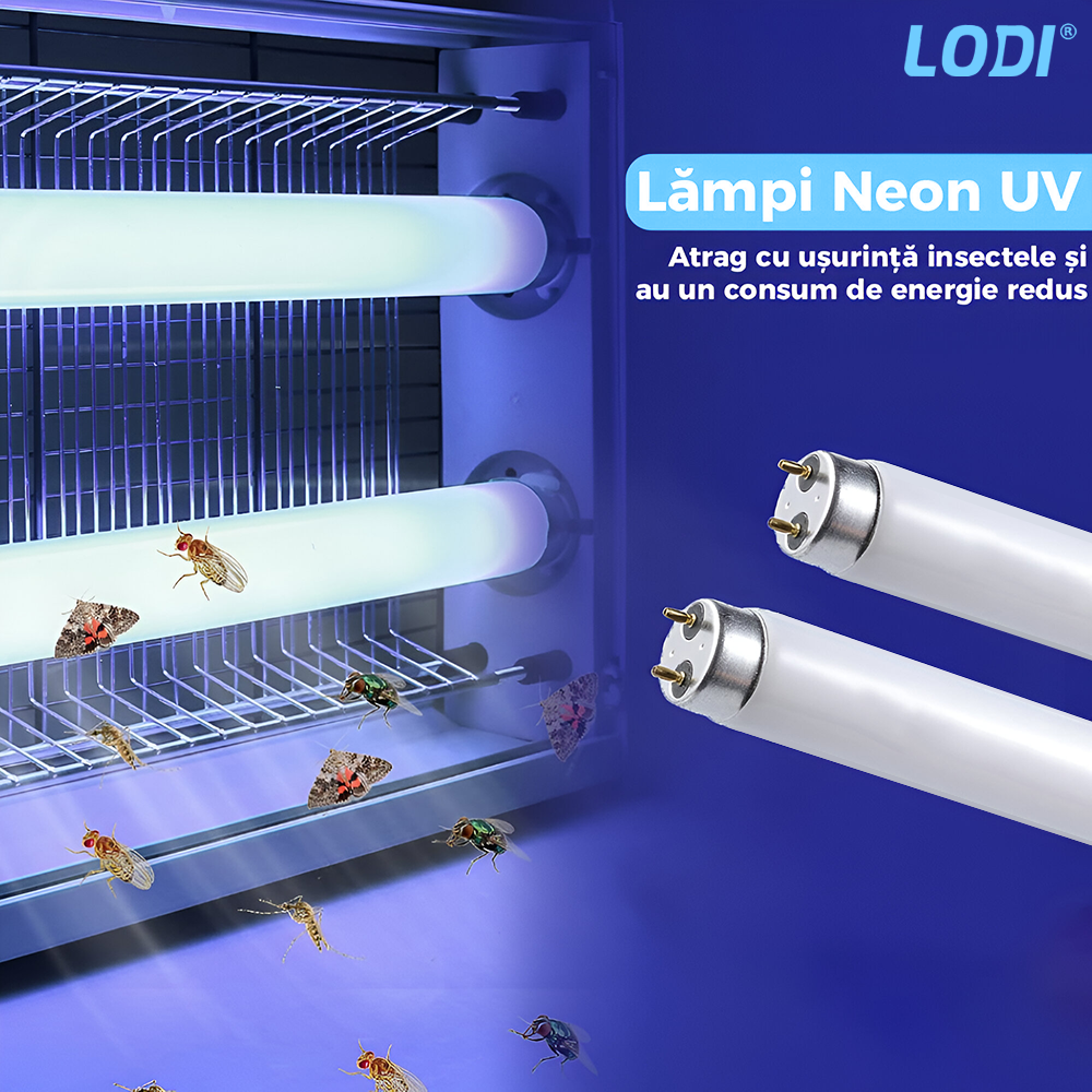 Aparat Electric Anti-Insecte Lodi1170, 4W, Insectocutor cu 2x tuburi ultraviolete, raza de actiune 200 m², unghi de propagare 360º, design modern, alb/negru