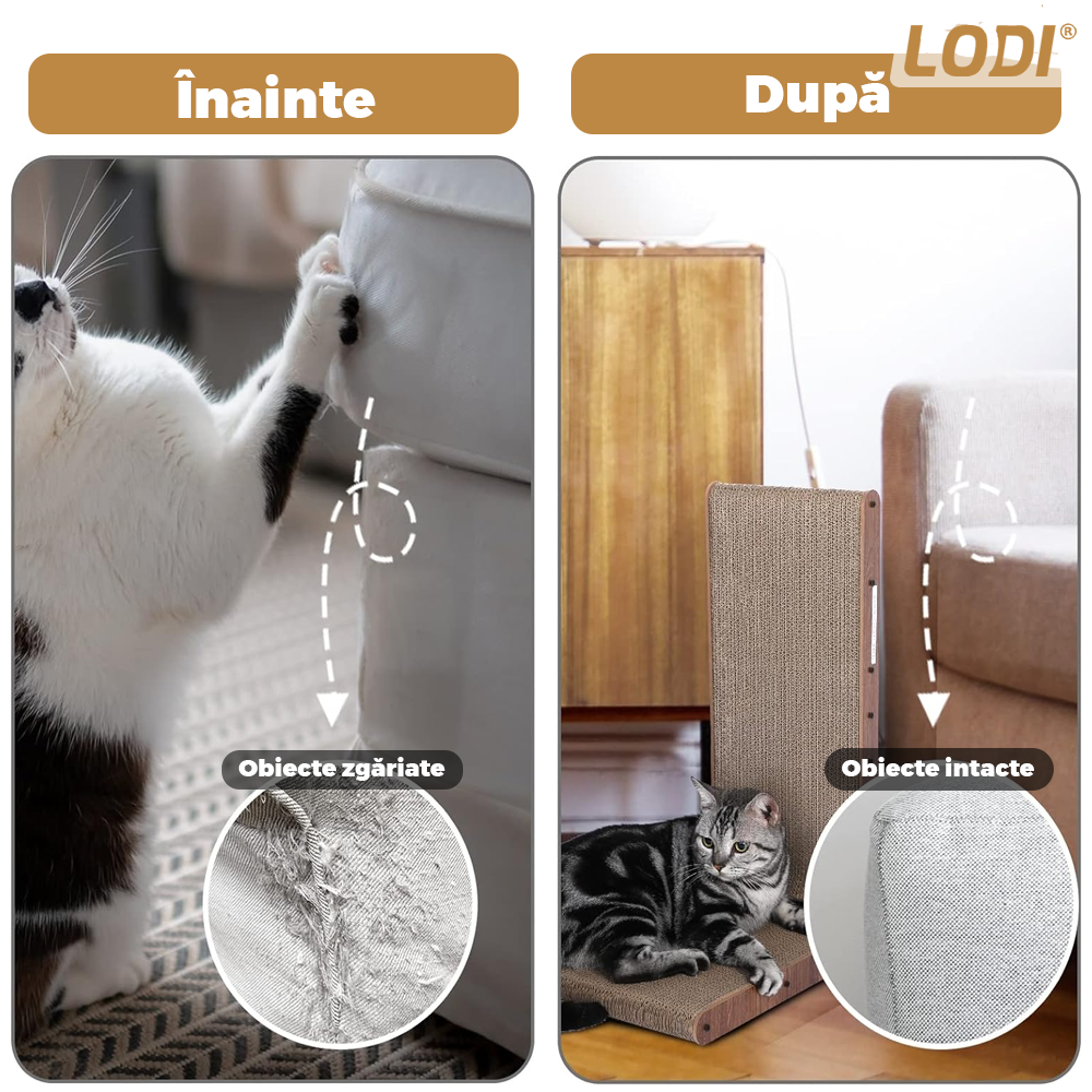 Ansamblu de Joaca pentru Pisici Orizontal si Vertical Lodi1141, model in forma de L, carton pentru zgariat, jucarie interactiva, structura stabila, durabil si non-toxic, 65 cm, maro