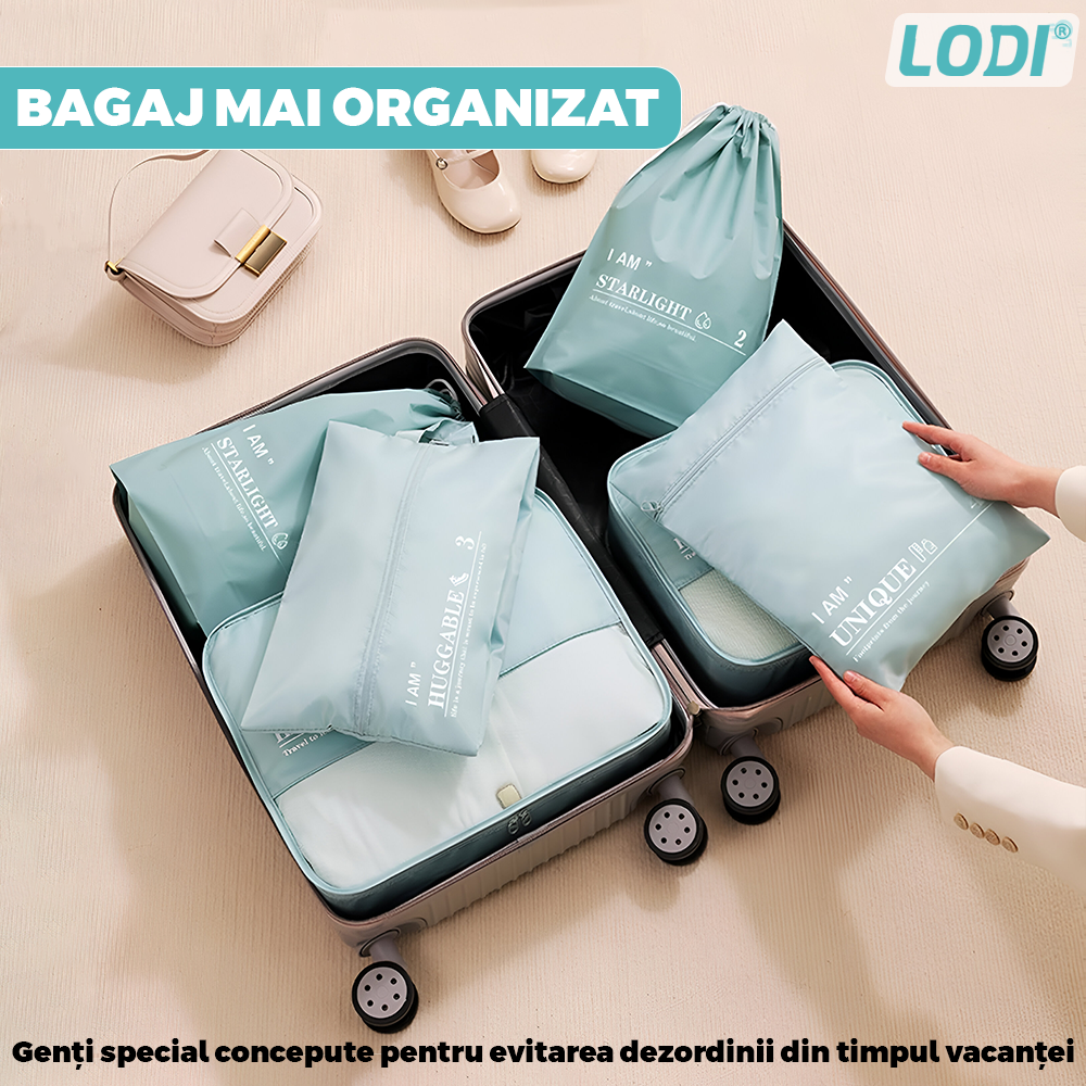 Set 6 Organizatoare Lodi1239, pentru calatorie, diferite marimi, bagaj de voiaj, valiza, troler, genti, haine, accesorii, inchidere cu fermoar dublu, plasa, turcoaz