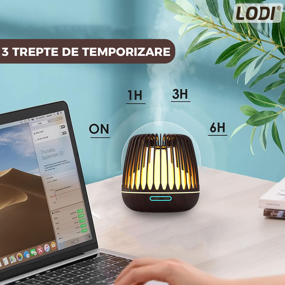 Difuzor Aromaterapie Lodi222, lumini ambientale, control manual, 3 trepte de temporizare, capacitate 500ml, silentios, umidifica aerul, stejar inchis