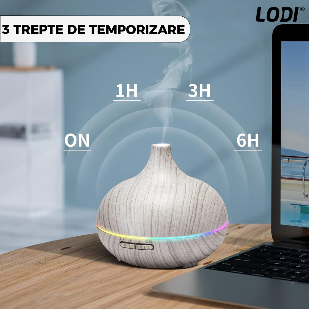 Difuzor Aromaterapie Lodi1450, 7 culori LED, 2 jocuri de lumini, capacitate 200ml, silentios, umidifica aerul, alb
