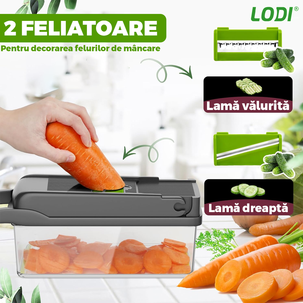 Feliator de Legume 13 in 1 Lodi752, multifunctional, 8 taieturi, accesorii pentru tocat, maruntit, feliat, julienne, separator de oua, lame de inox, 28 x 13 cm, verde