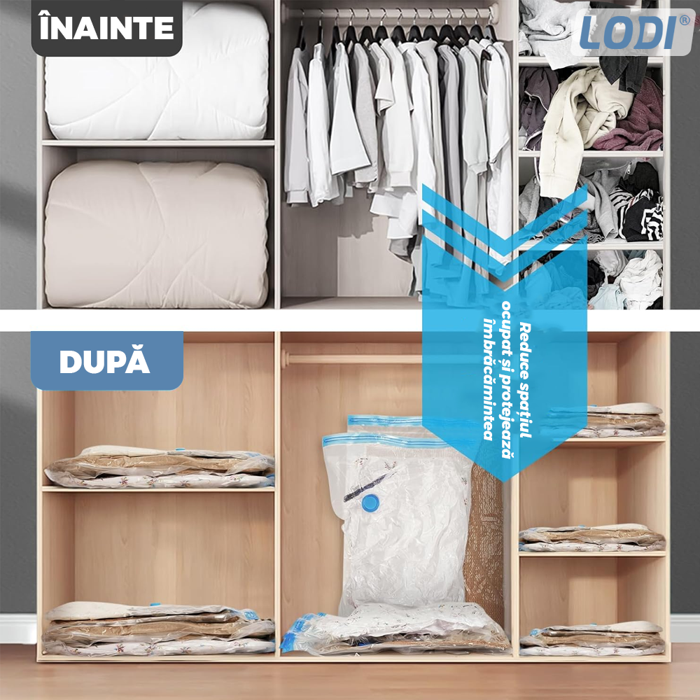 Set 12 Saci de Vidat Lodi1414, pentru imbracaminte, pilote, perne, rezistenti, valva tripla, materiale calitative, protectie waterproof, reutilizabili, vidare prin vacuum, 4 marimi, transparent/albastru