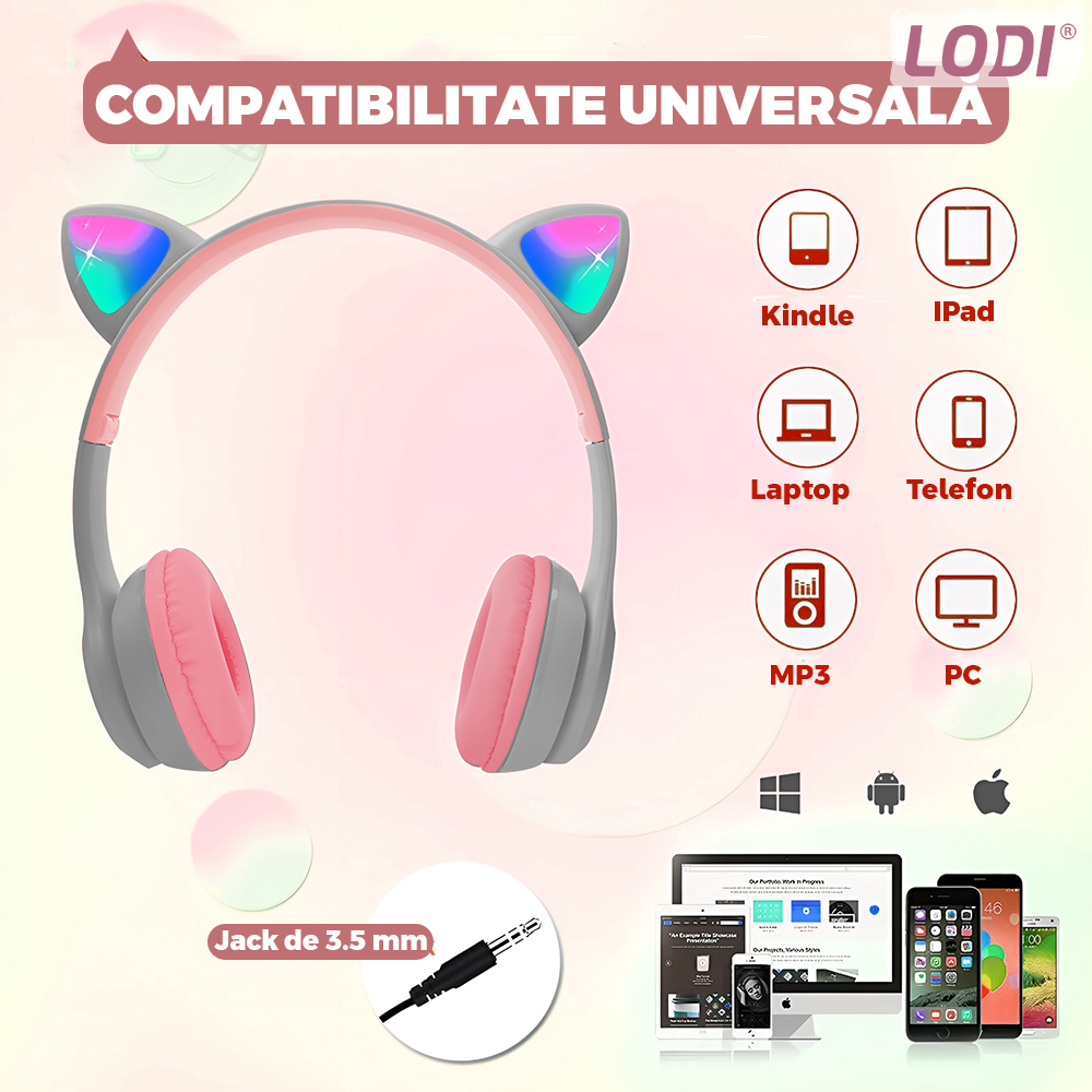 Casti Wireless Model Pisica Lodi953, P47M, overear, urechi de pisica cu iluminare RGB, bluetooth 5.0, handsfree, HiFi, bass stereo, gri/roz