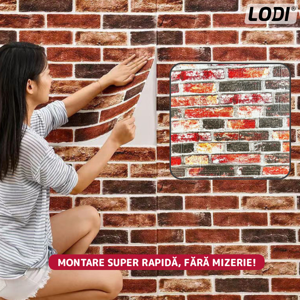 Set Tapet Caramida 3D Lodi235, Model Caramizi, suprafata acoperire 5.3 mp, autoadeziv, waterproof, usor de montat, design modern, 70x77 cm, negru/rosu