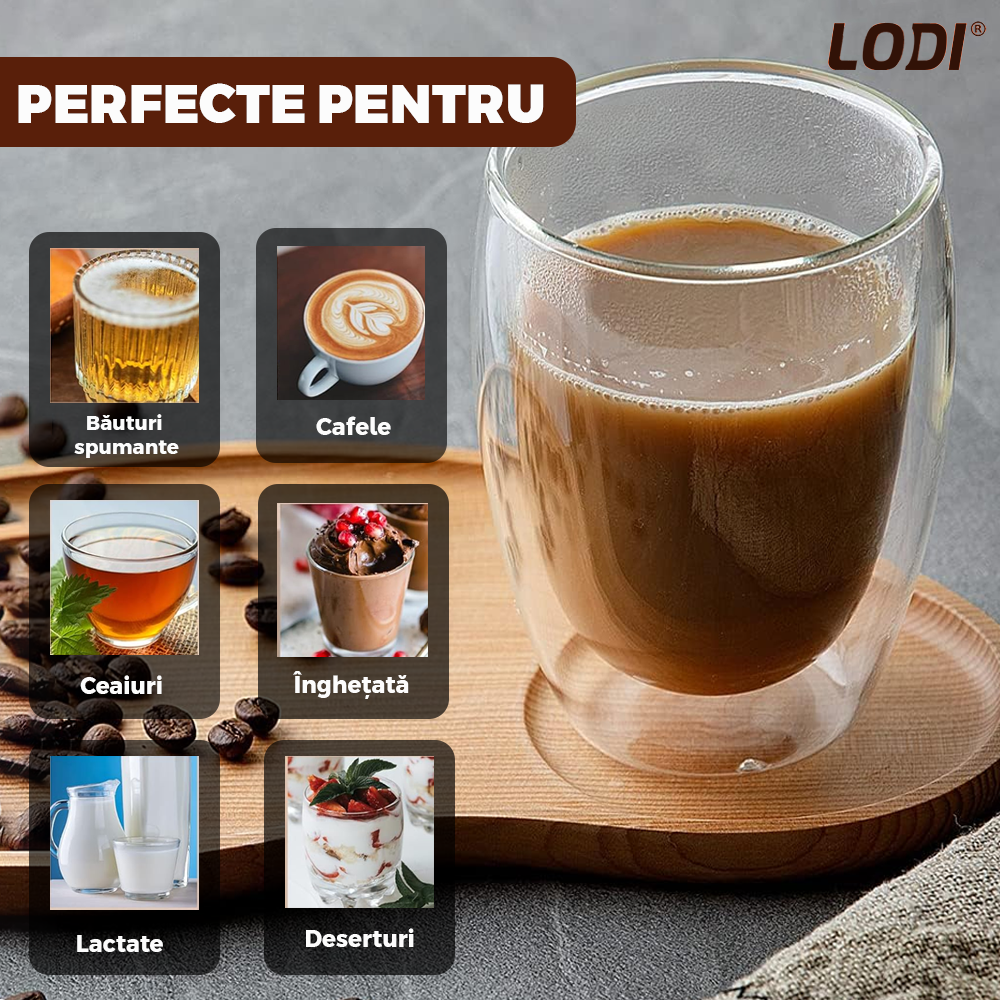 Set 4 pahare din sticla cu perete dublu Lodi419, termorezistente, design modern, capacitate 250 ml, 9 x 8 cm