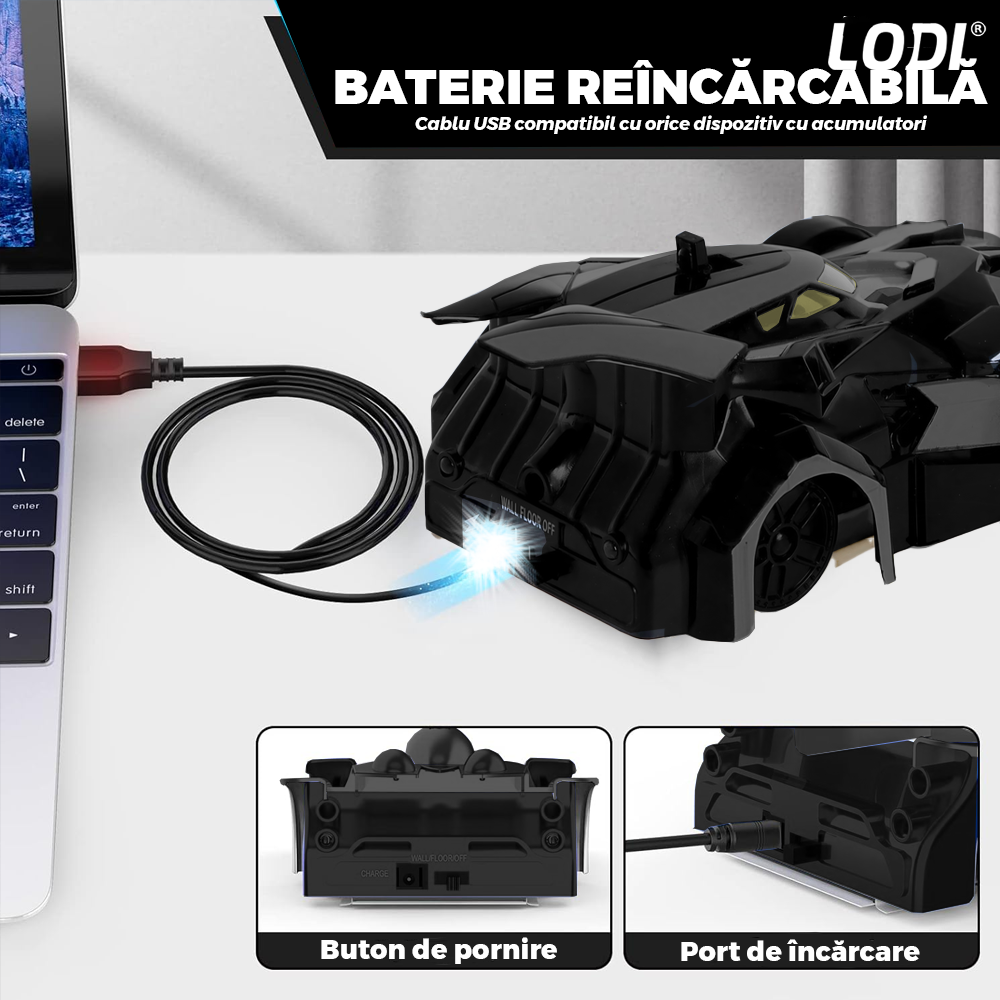 Masinuta Antigravitationala cu Telecomanda Lodi1429, urcare pe pereti si tavan, compatibila cu orice suprafata, rotire 360 de grade, senzor infrarosu, incarcare cu port USB, telecomanda intuitiva, negru