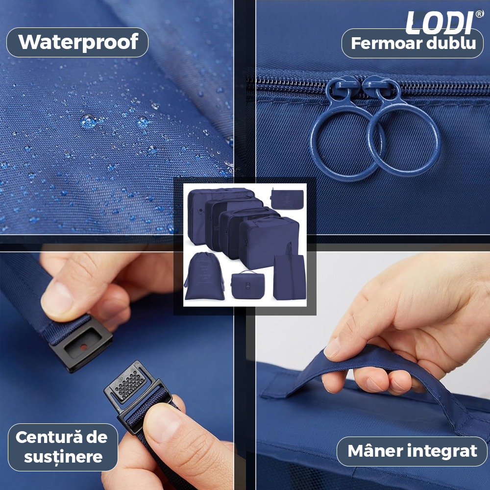 Set 8 Organizatoare Lodi672, pentru calatorie, diferite marimi, 3 genti cu plasa, 1 geanta pentru lenjerie, geanta pentru cosmetice, sac pentru hainele murdare, inchidere cu fermoar dublu, plasa, albastru inchis