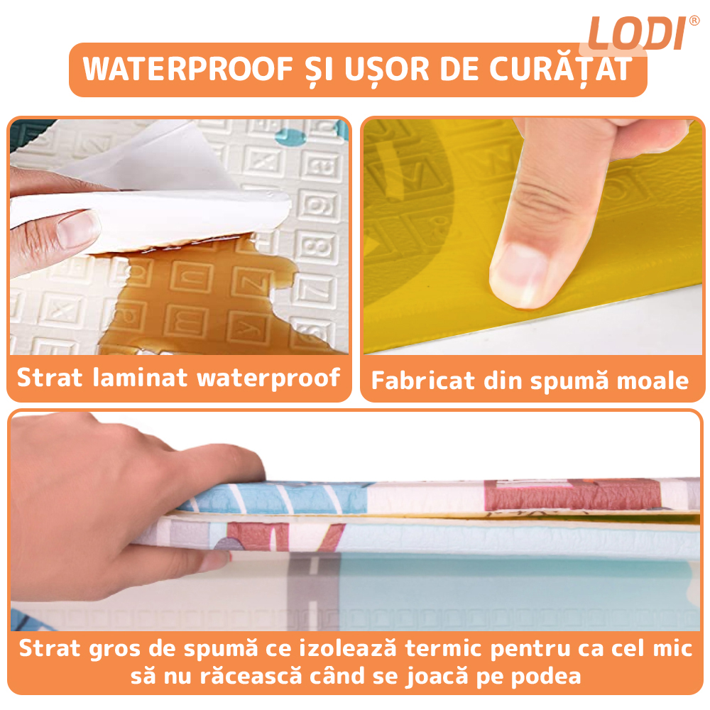 Covoras de Joaca pentru Copii Lodi289, 2 fete, termic, anti-derapant, pliabil, protectie impotriva loviturilor, animale si numere, 200x180cm, grosime 1 cm, multicolor