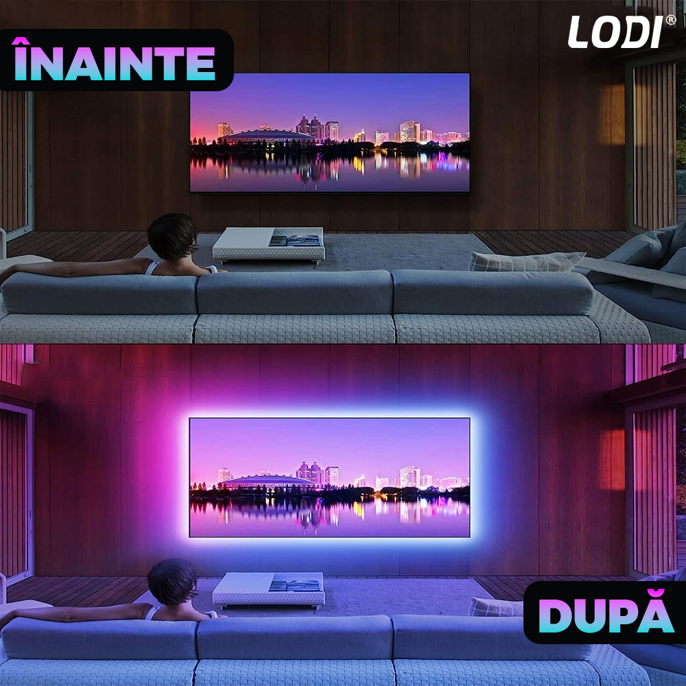 Kit Banda LED RGB Lodi414, inteligenta cu intensitate de lumina si culori reglabile, control prin telecomanda cu 24 taste, 5050RGB, utilizare exterior IP65, 10 m, multicolora