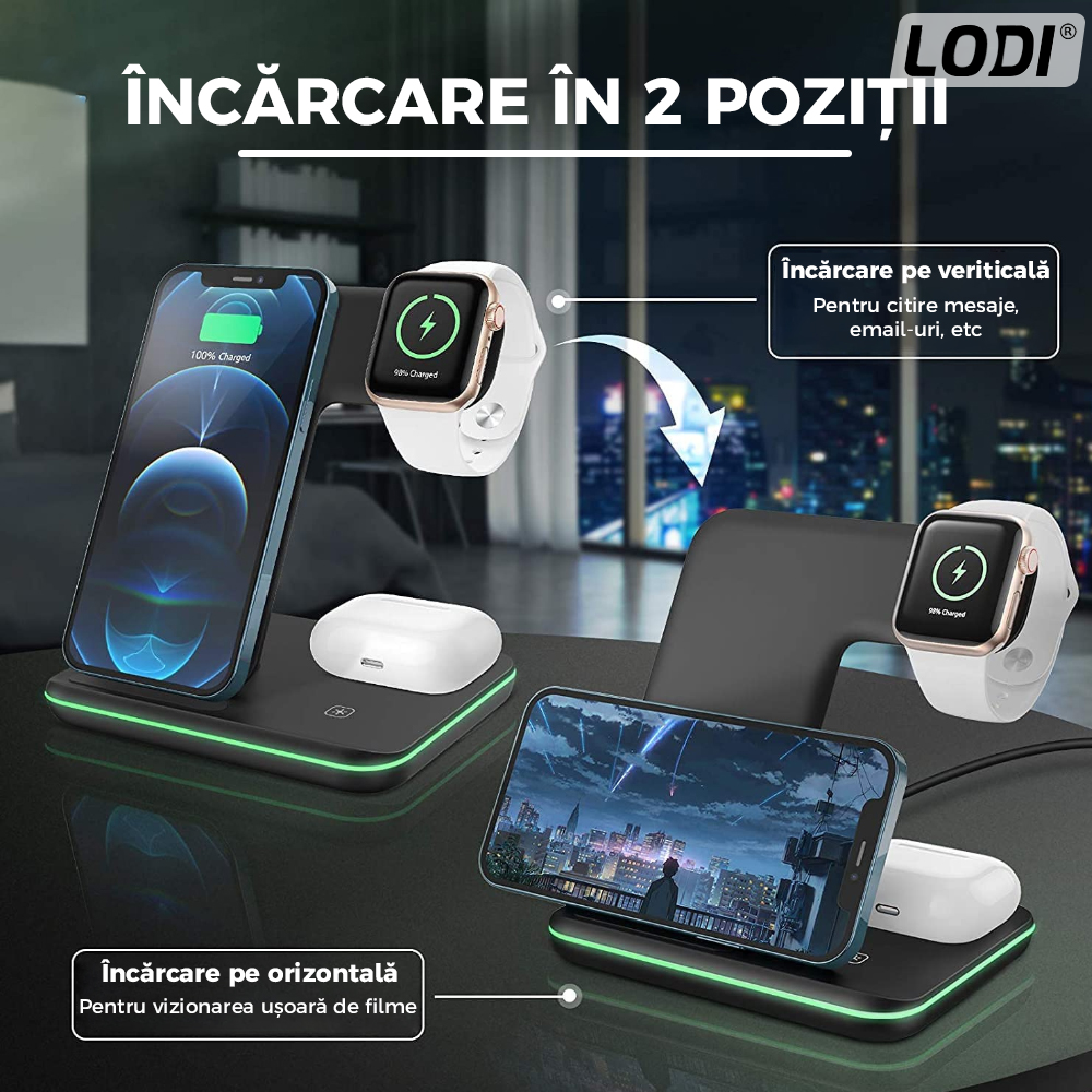 Incarcator Wireless Lodi9, Statie de Incarcare 3in1, LED indicator inteligent, Fast Charge, incarcare rapida, compatibilitate universala, negru