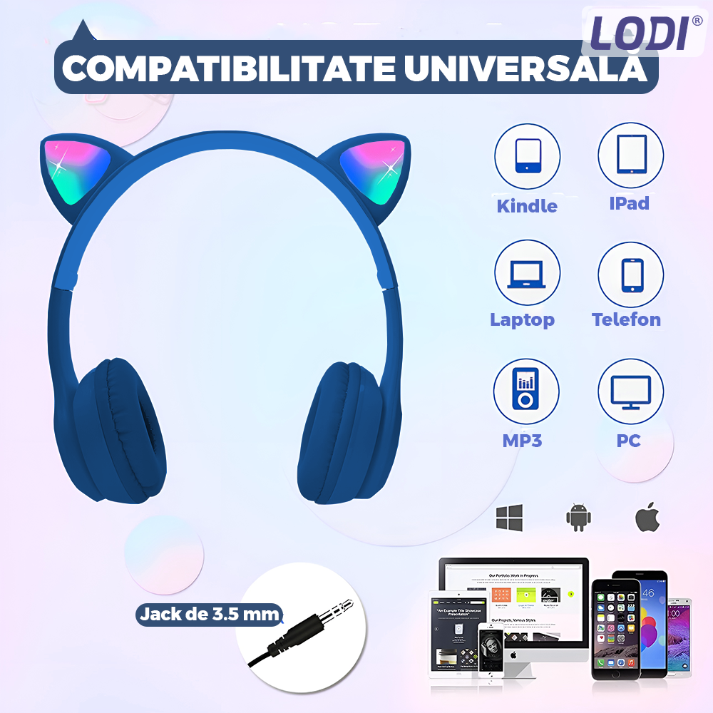 Casti Wireless Model Pisica Lodi954, P47M, overear, urechi de pisica cu iluminare RGB, bluetooth 5.0, handsfree, HiFi, bass stereo, albastru inchis