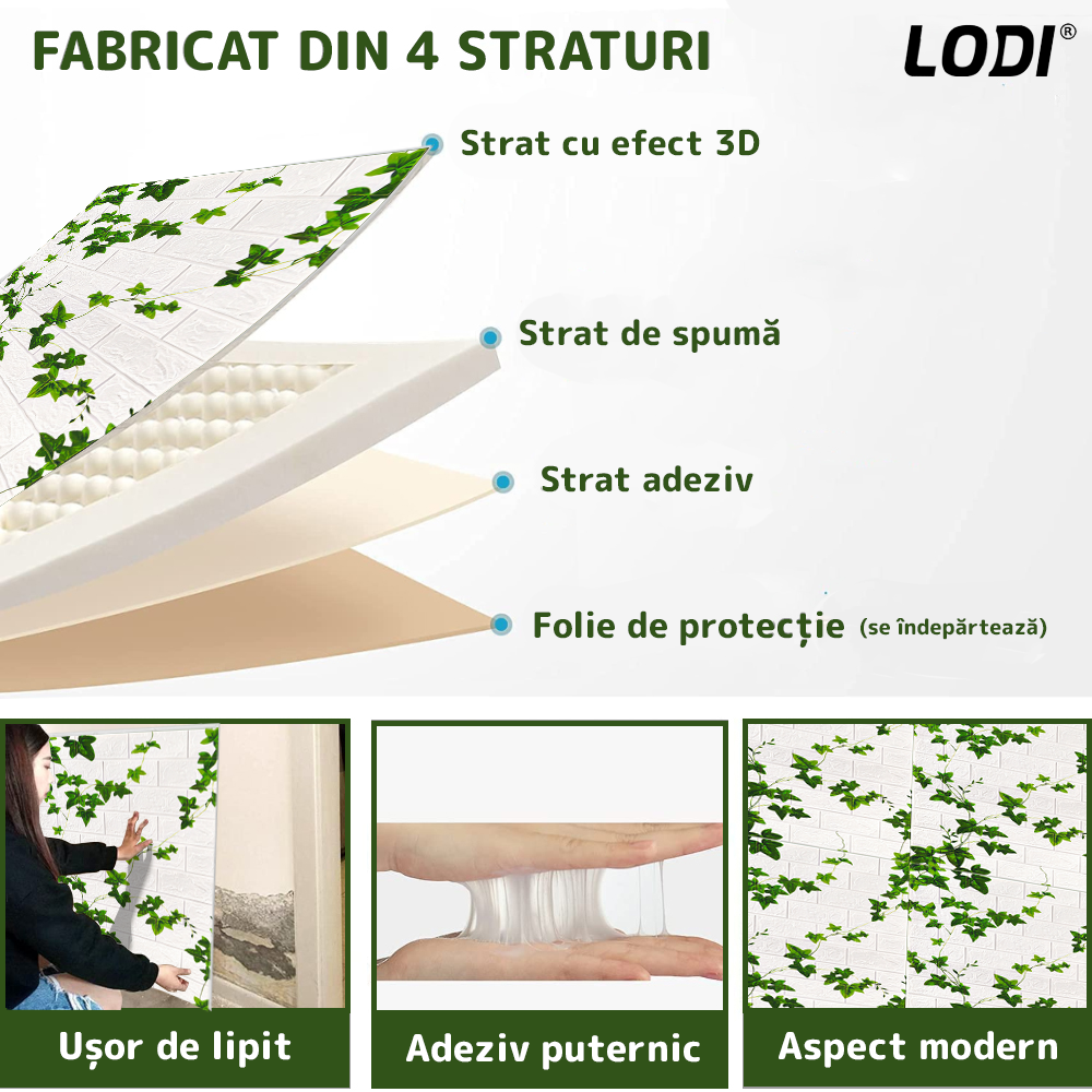 Set 10x Tapet Caramida 3D Lodi1090, model Iedera, suprafata acoperire 4.9 mp, autoadeziv, waterproof, usor de montat, design modern, 70x70 cm, alb
