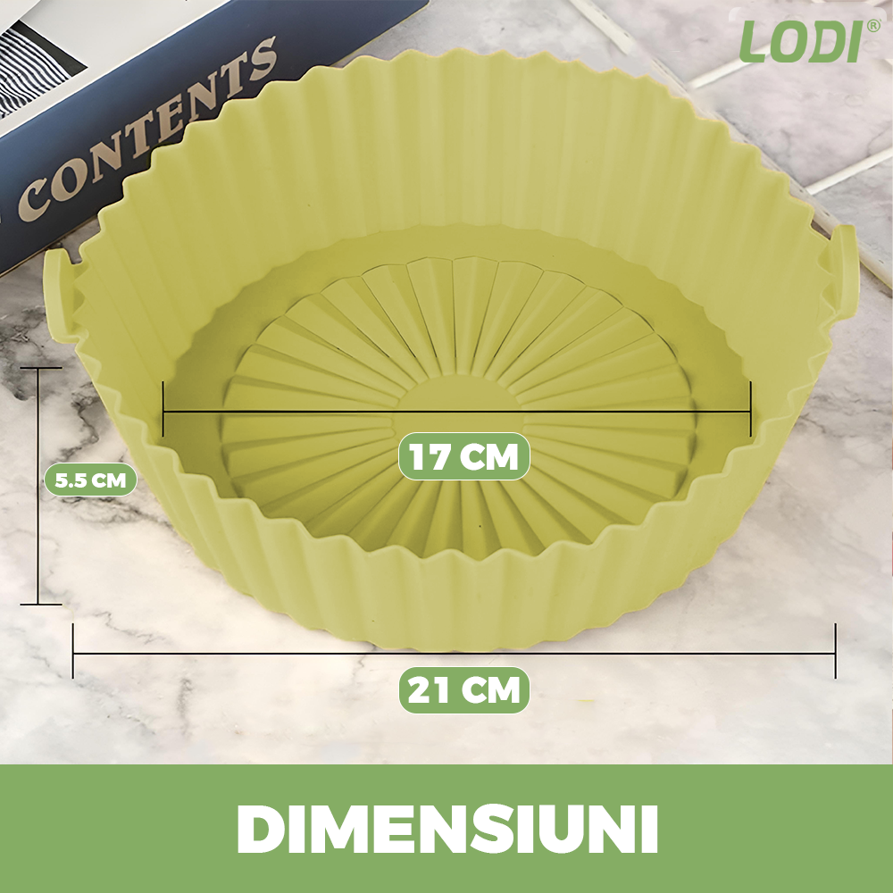 Tava de Copt Rotunda Lodi1309, pentru friteuza/cuptor/microunde, antiaderenta, rezistenta la temperaturi inalte, 21 x 17 cm, verde
