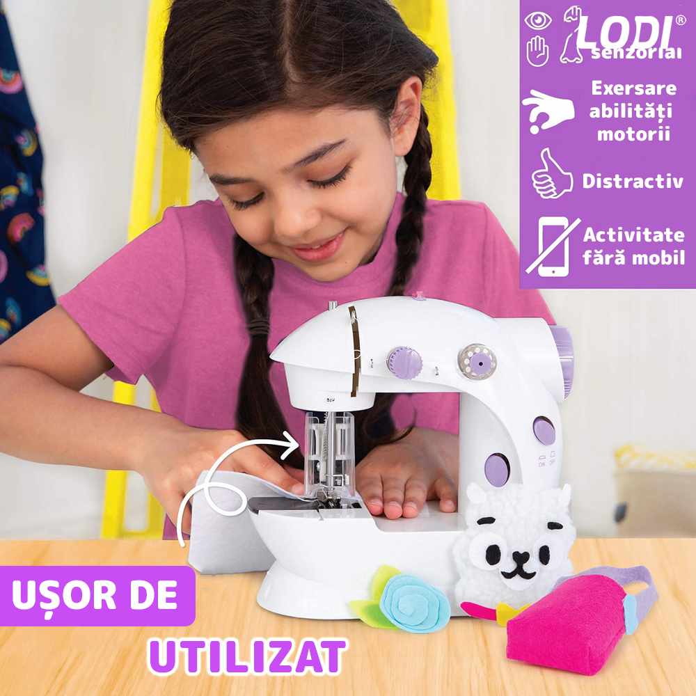 Mini Masina de Cusut XL Lodi1505, portabila, usor de utilizat, fara pedala, design ergonomic, iluminare, doua viteze de coasere, alimentare pe baterii sau la retea, reglare si tensionare a firului, 20 cm, alb/mov