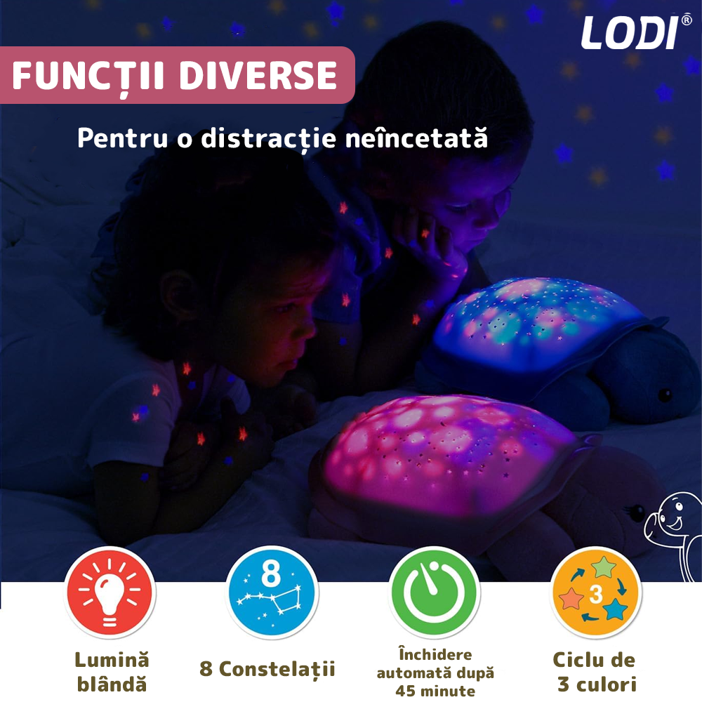 Lampa de Veghe Testoasa Lodi1423, proiector de lumini, 8 constelatii, lumina RBG, 2 cantece de adormit copiii, pufoasa si moale, mod inchidere automata, roz