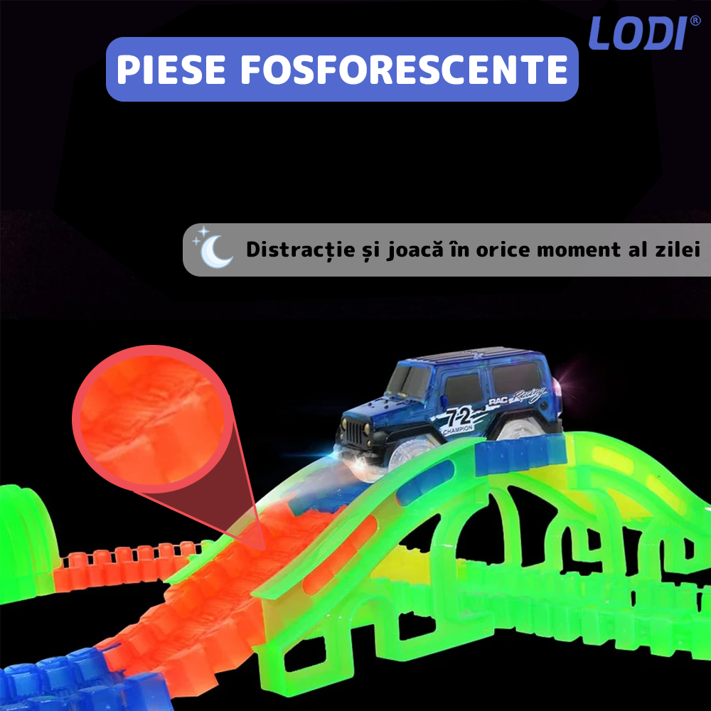 Circuit Masinute Lodi1070, 56 piese, pista iluminata configurabila, fosforescenta, masinuta cu lumini albastra, multicolor