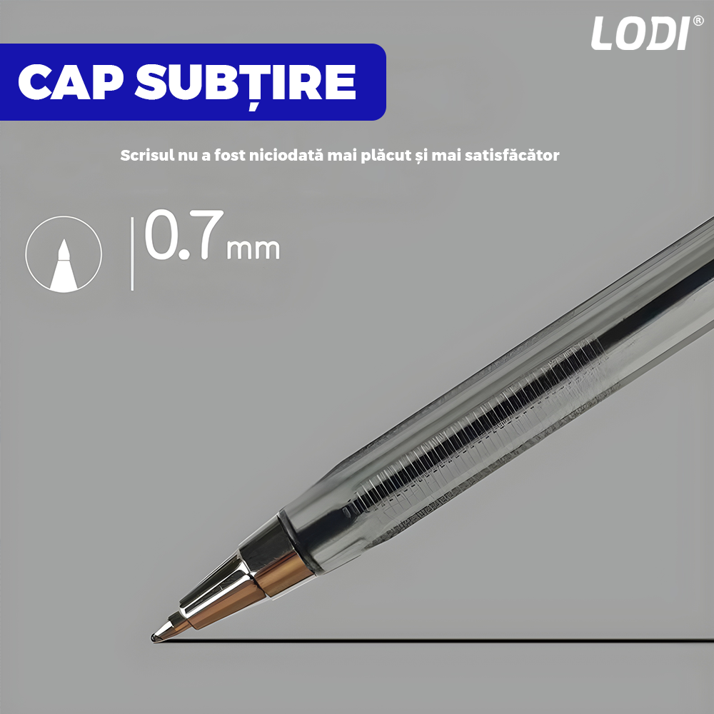 Set 50 de Pixuri Lodi1508, tip ballpoint, material rezistent, durabile, rezistente in timp, cap 0.7 mm, scriere neteda cu uscare rapida, cu capac, corp de plastic, albastru