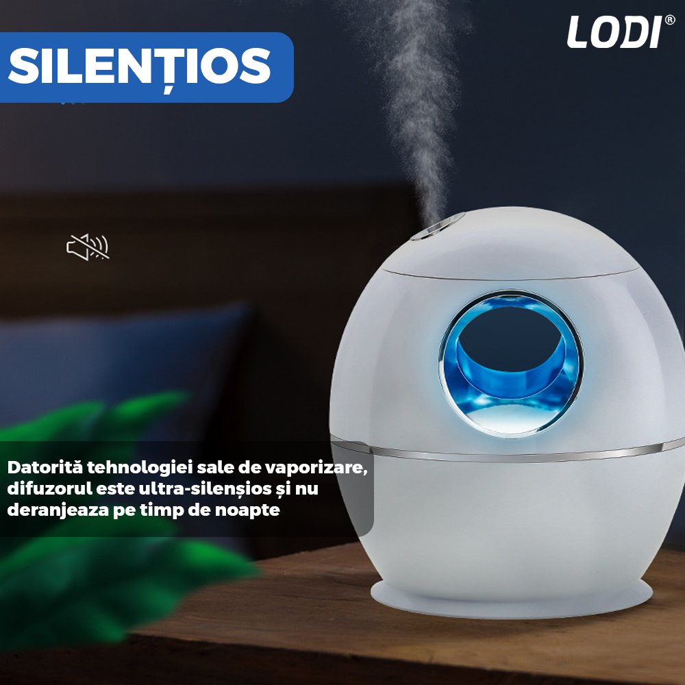 Difuzor Aromaterapie Lodi606, cu ultrasunete, design minimalist, 7 culori LED, 2 moduri de eliberare a aerului, capacitate 8000ml, silentios, umidifica aerul, alb