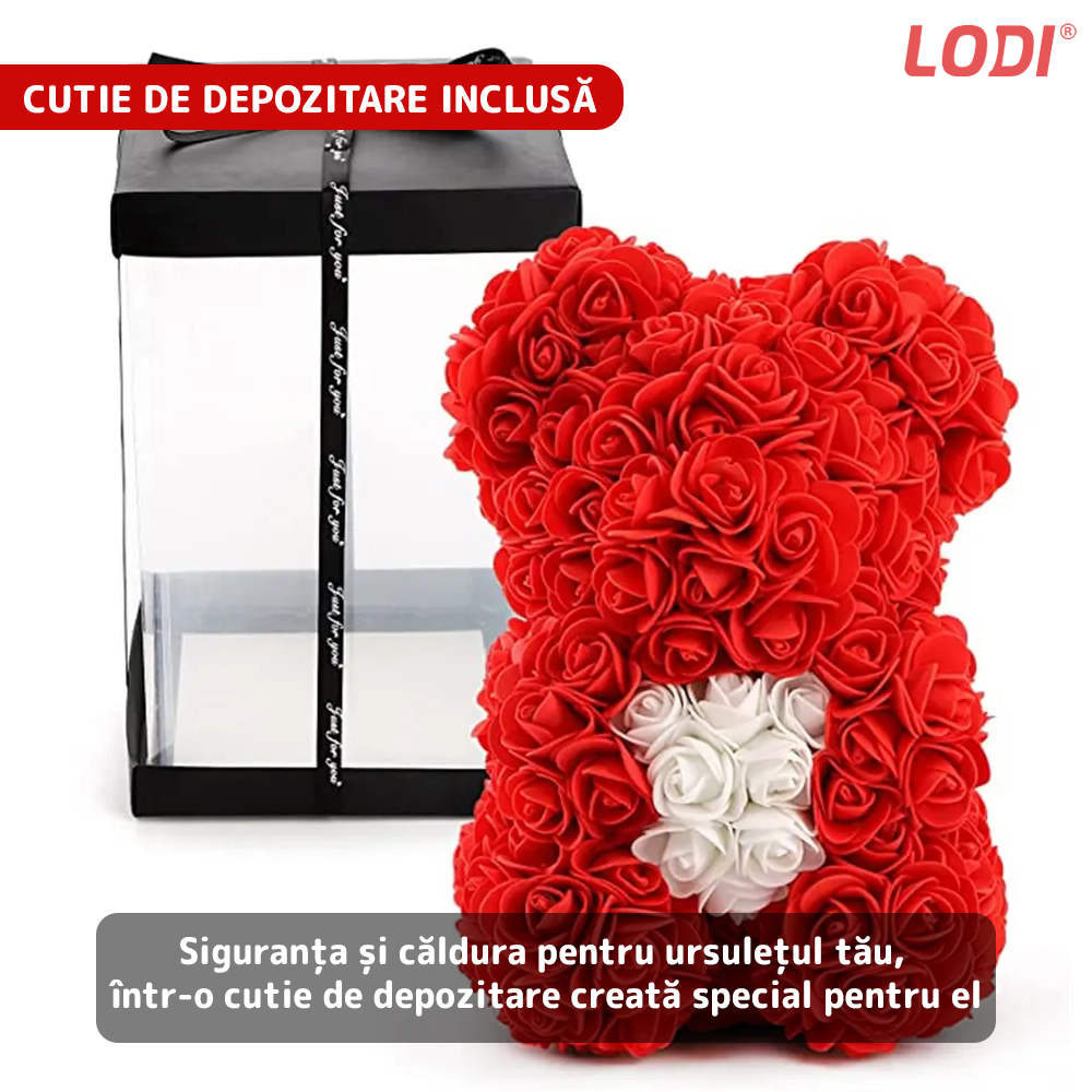 Ursulet din Trandafiri de Spuma Lodi334, floral rosu cu burtica alba, handmade, cutie transparenta, 25 cm