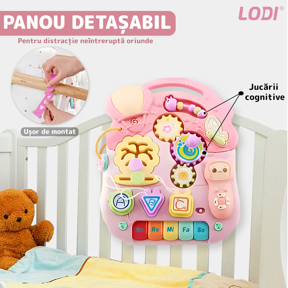 Antemergator Multifunctional 2in1 Lodi645, centru de activitati si joaca, telecomanda detasabila cu 15 melodii, masuta educativa cu 4 picioruse incluse, panou pentru invatarea numerelor si formelor, lumini si sunete, roz